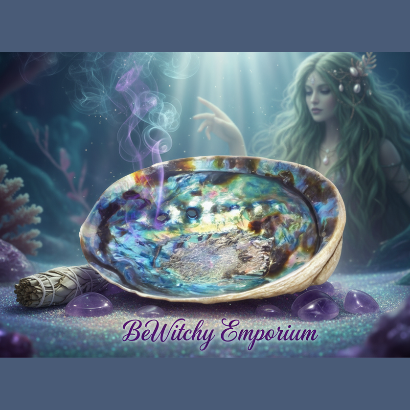 Exact abalone shell with premium ocean sanctuary ambiance and BeWitchy Emporium watermark