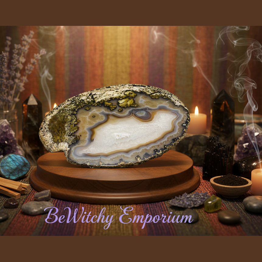 Exact agate slice with premium healing sanctuary ambiance and BeWitchy Emporium watermark