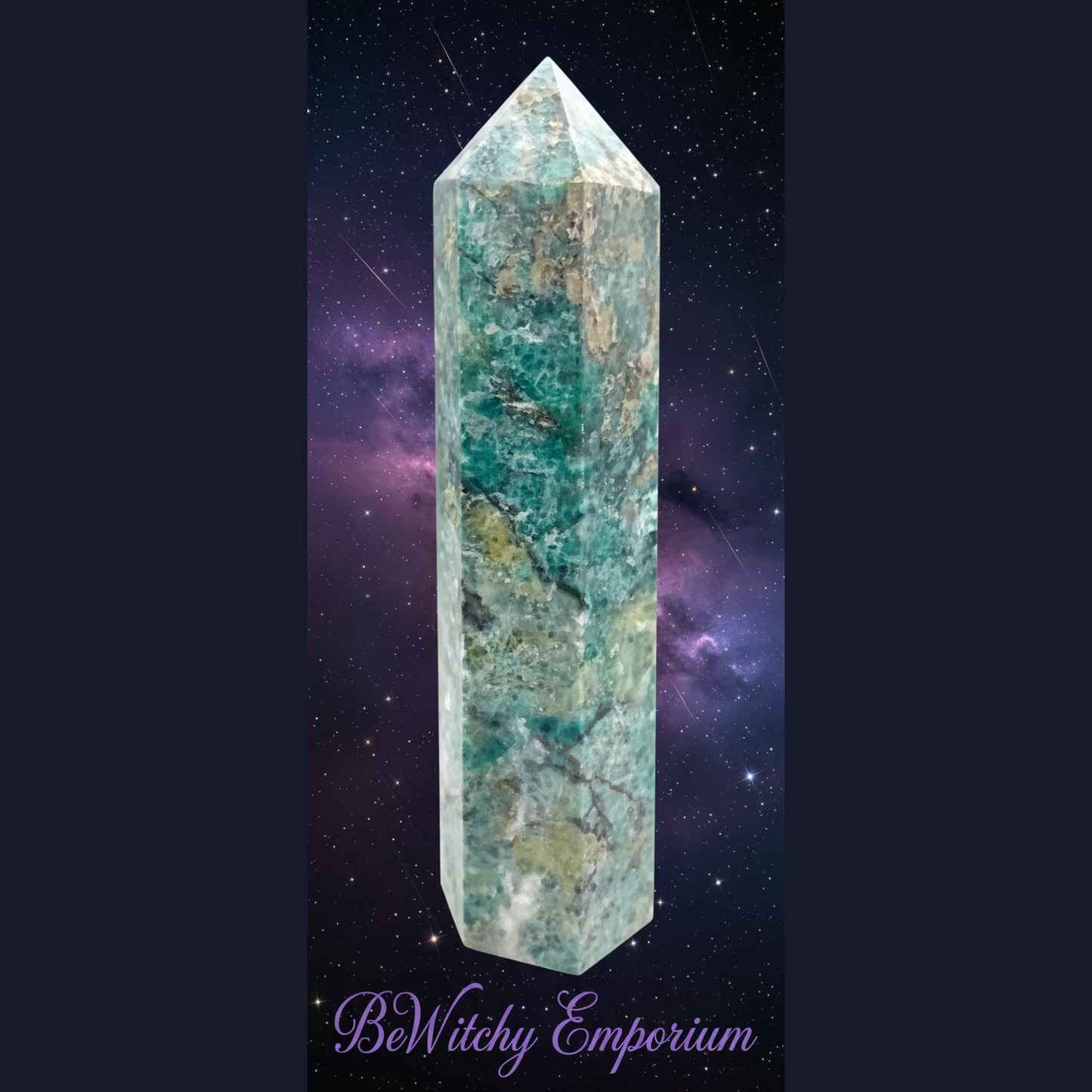 Exact amazonite crystal tower with cosmic mystical styling and BeWitchy Emporium watermark