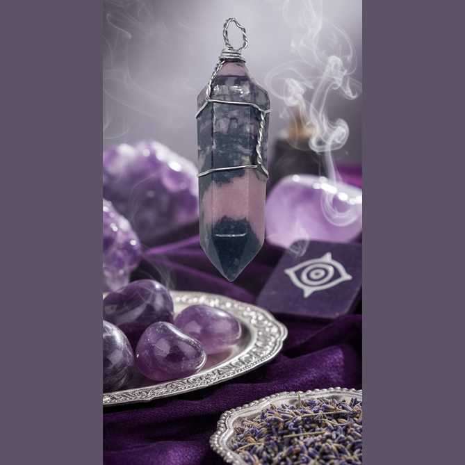 Exact amethyst crystal point pendant with premium healing sanctuary ambiance and BeWitchy Emporium watermark