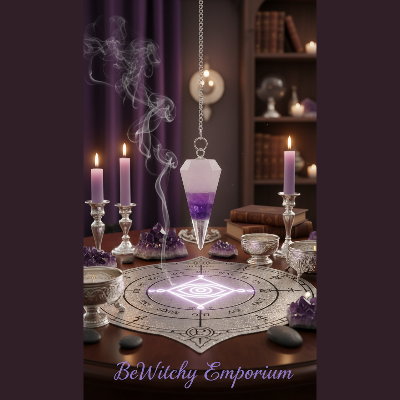Exact amethyst pendulum with premium divination sanctuary ambiance and BeWitchy Emporium watermark