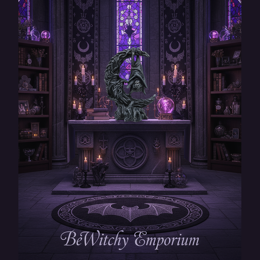 Exact bat hanging on crescent moon statue with premium gothic sanctuary ambiance and BeWitchy Emporium watermark