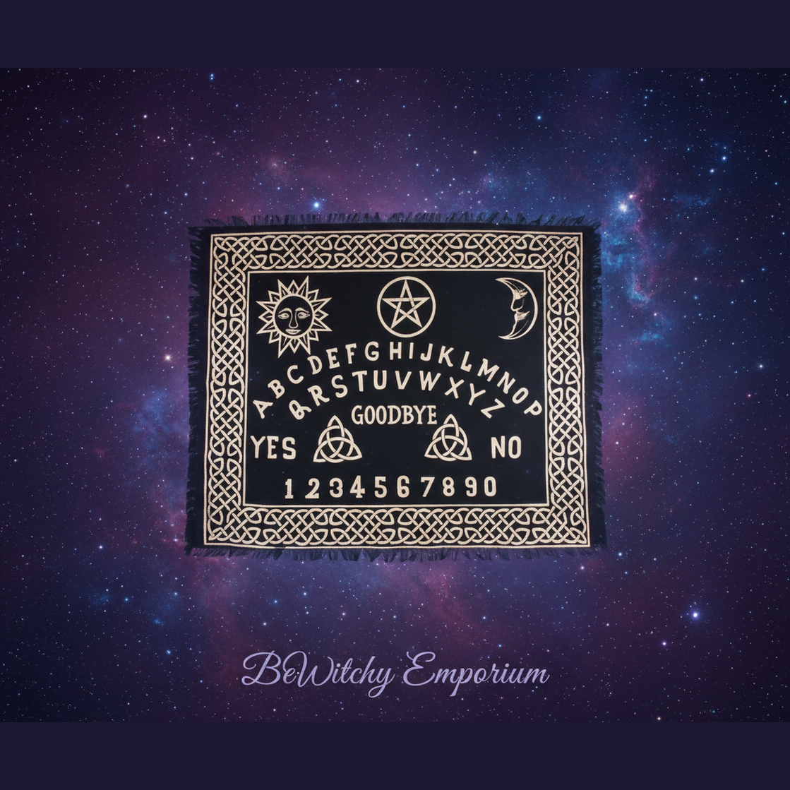 Exact black and gold spirit board altar cloth with cosmic mystical styling and BeWitchy Emporium watermark