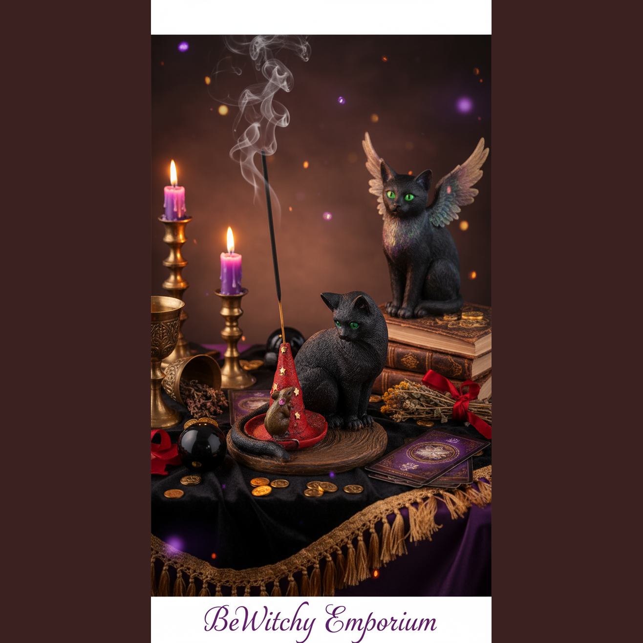 Exact black cat incense holder with premium witchcraft altar sanctuary ambiance and BeWitchy Emporium watermark