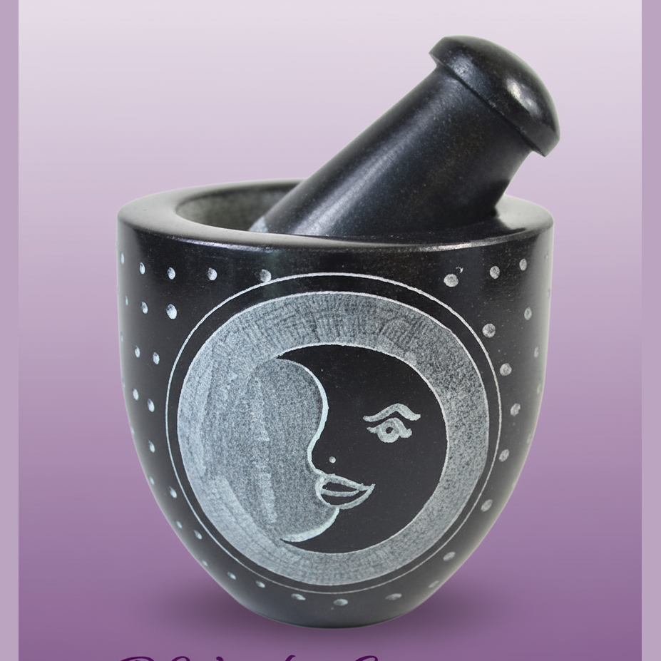 Exact black moon mortar and pestle with clean professional styling and BeWitchy Emporium watermark
