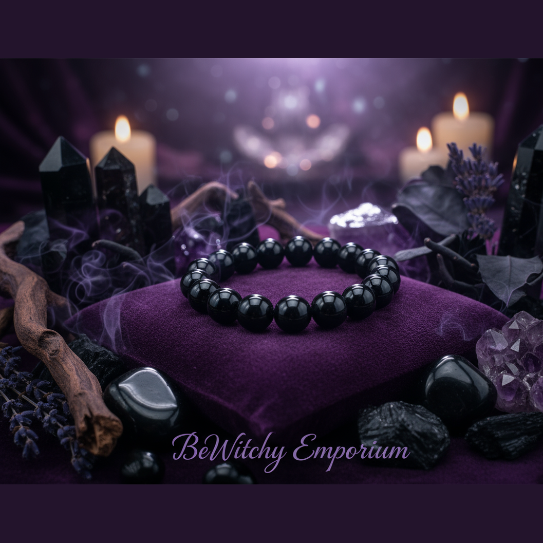 Exact black onyx bracelet with premium healing sanctuary ambiance and BeWitchy Emporium watermark