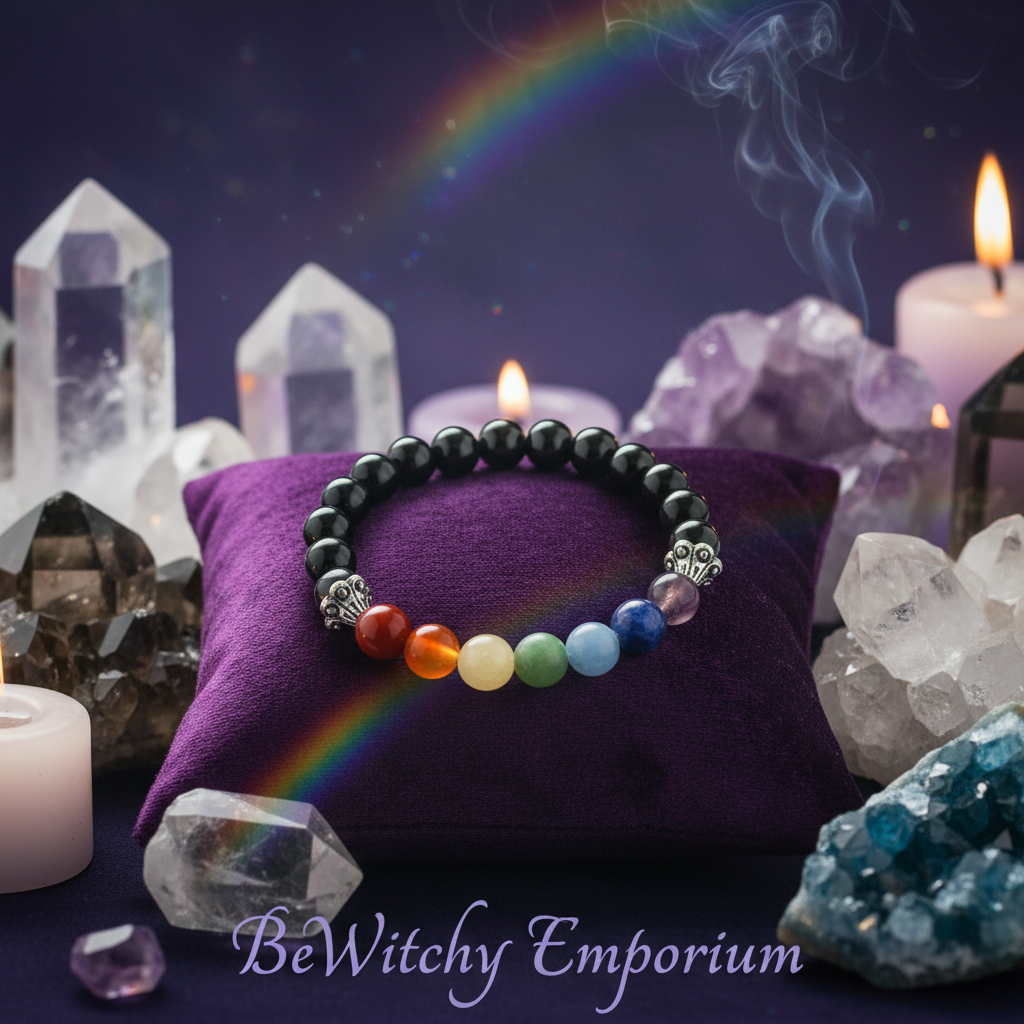 Exact black onyx chakra bracelet with premium healing sanctuary ambiance and BeWitchy Emporium watermark
