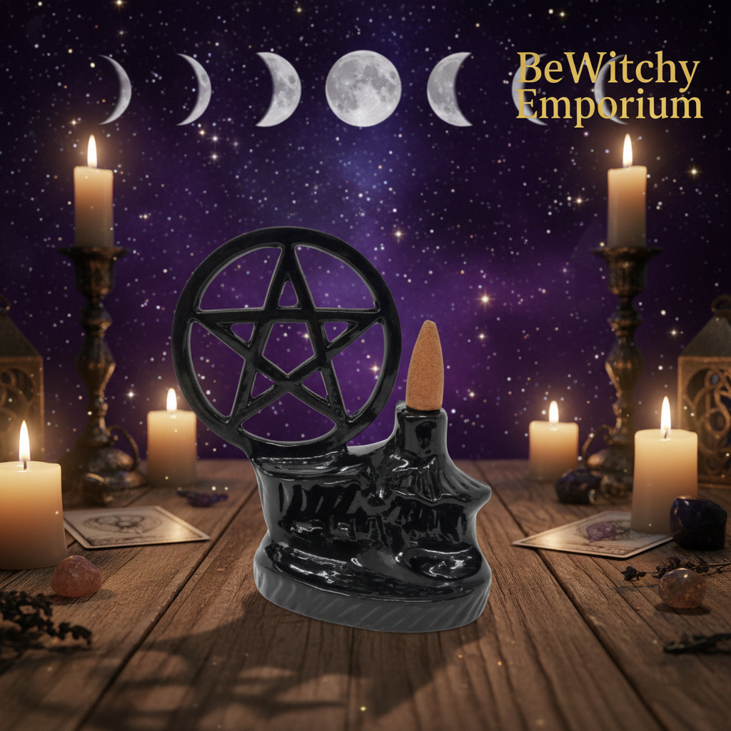 Exact black pentagram cone incense burner with cosmic mystical styling and BeWitchy Emporium watermark