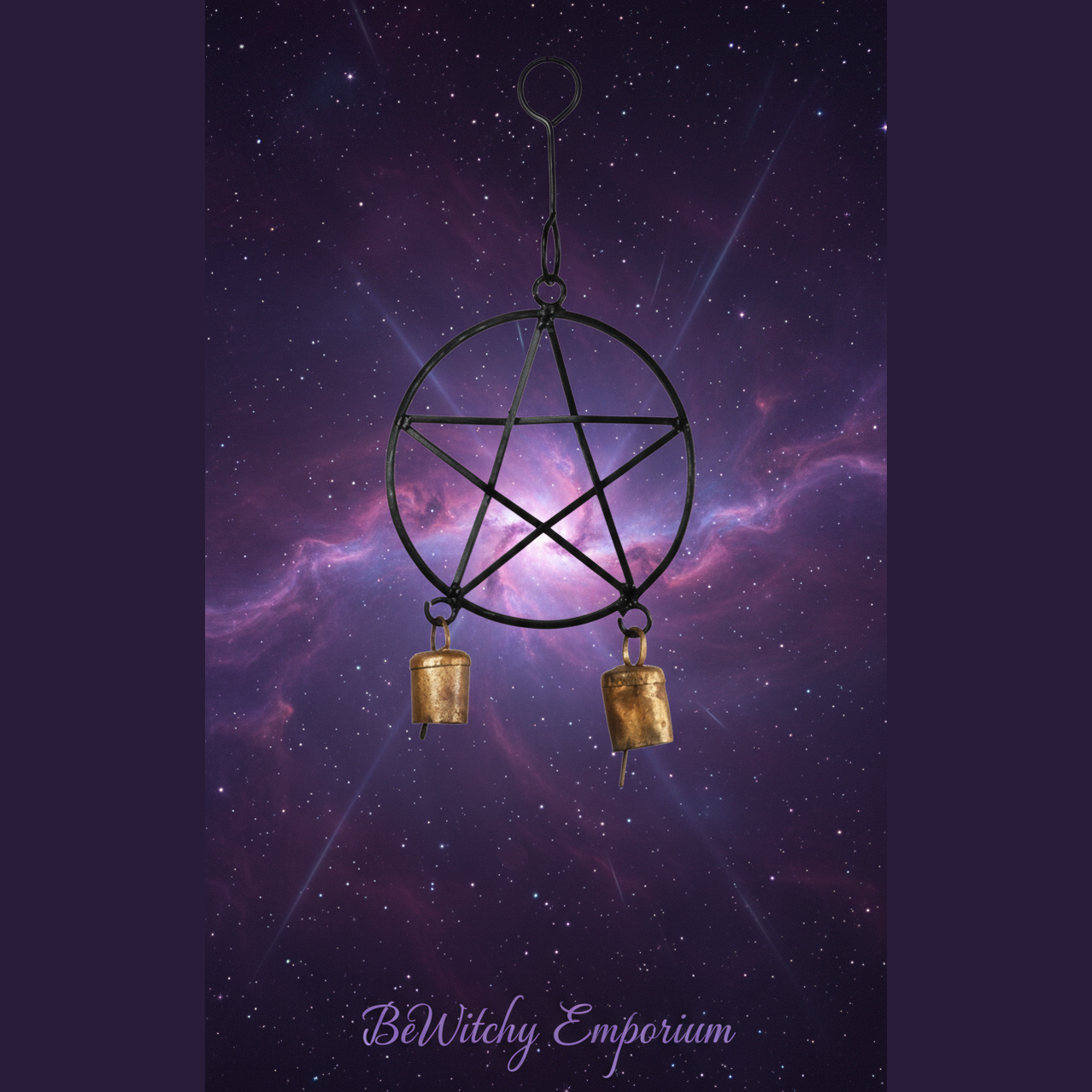 Exact black pentagram wind chime with cosmic mystical styling and BeWitchy Emporium watermark