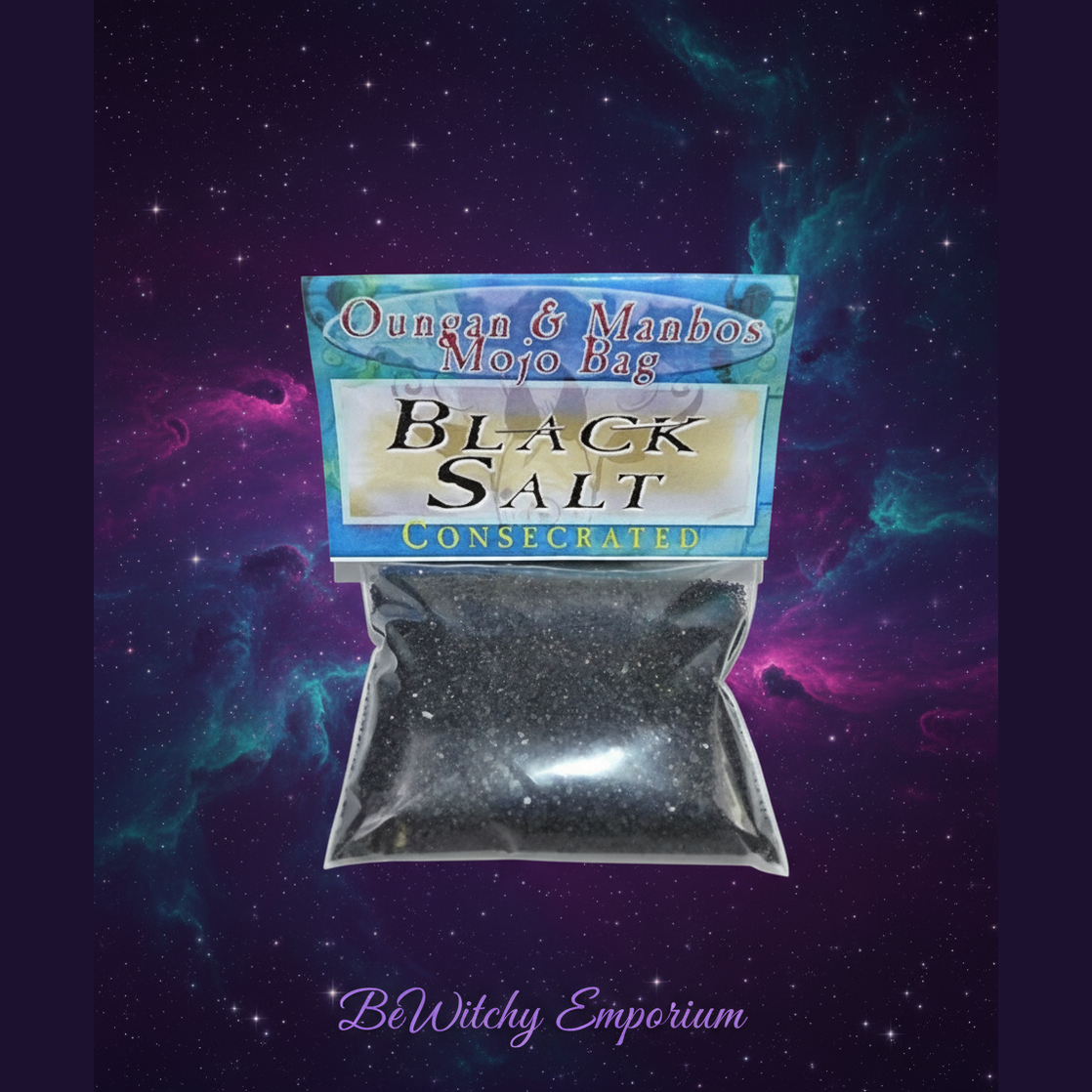 Exact Black Salt Mojo Bag with cosmic mystical styling and BeWitchy Emporium watermark