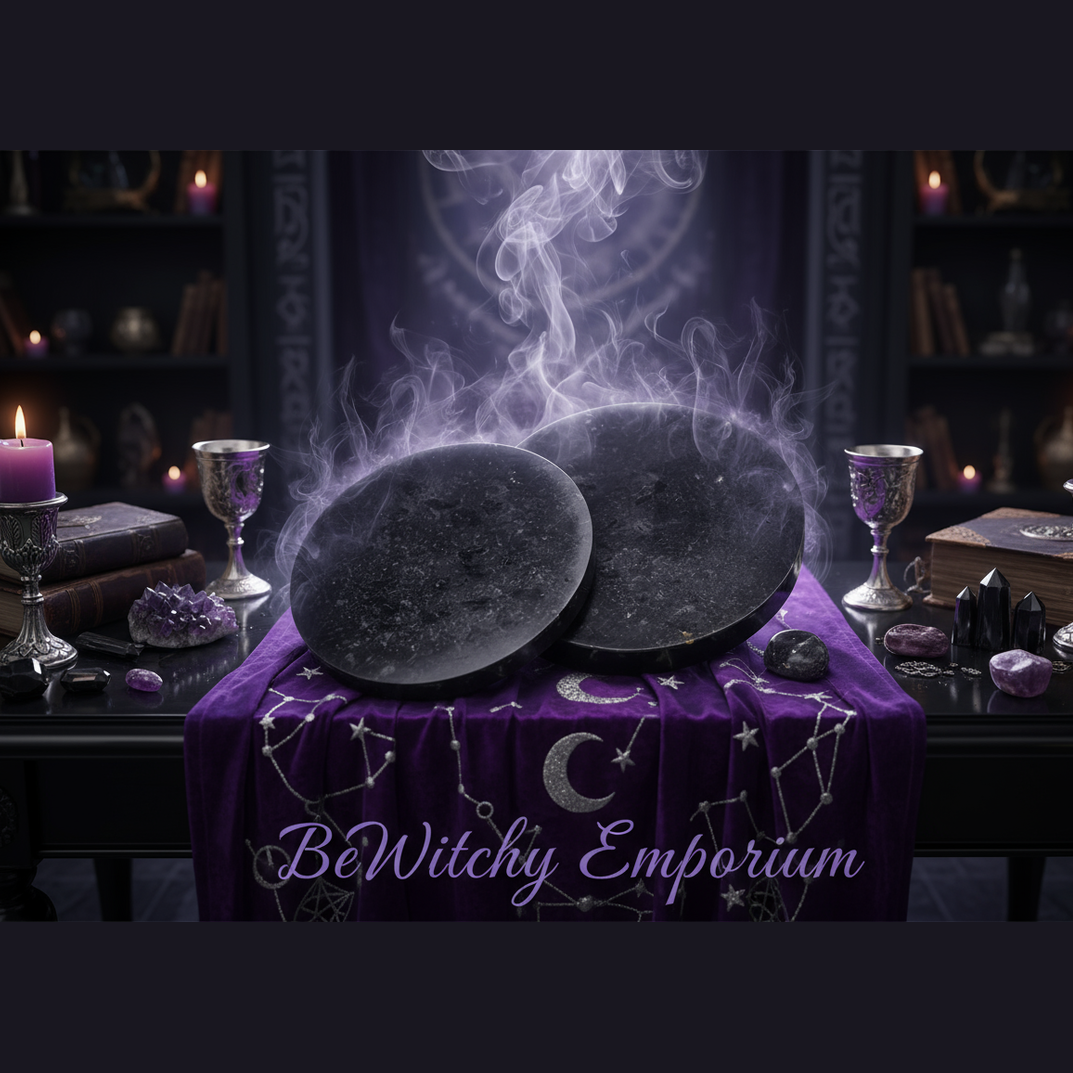 Exact black scrying mirrors with premium divination sanctuary ambiance and BeWitchy Emporium watermark