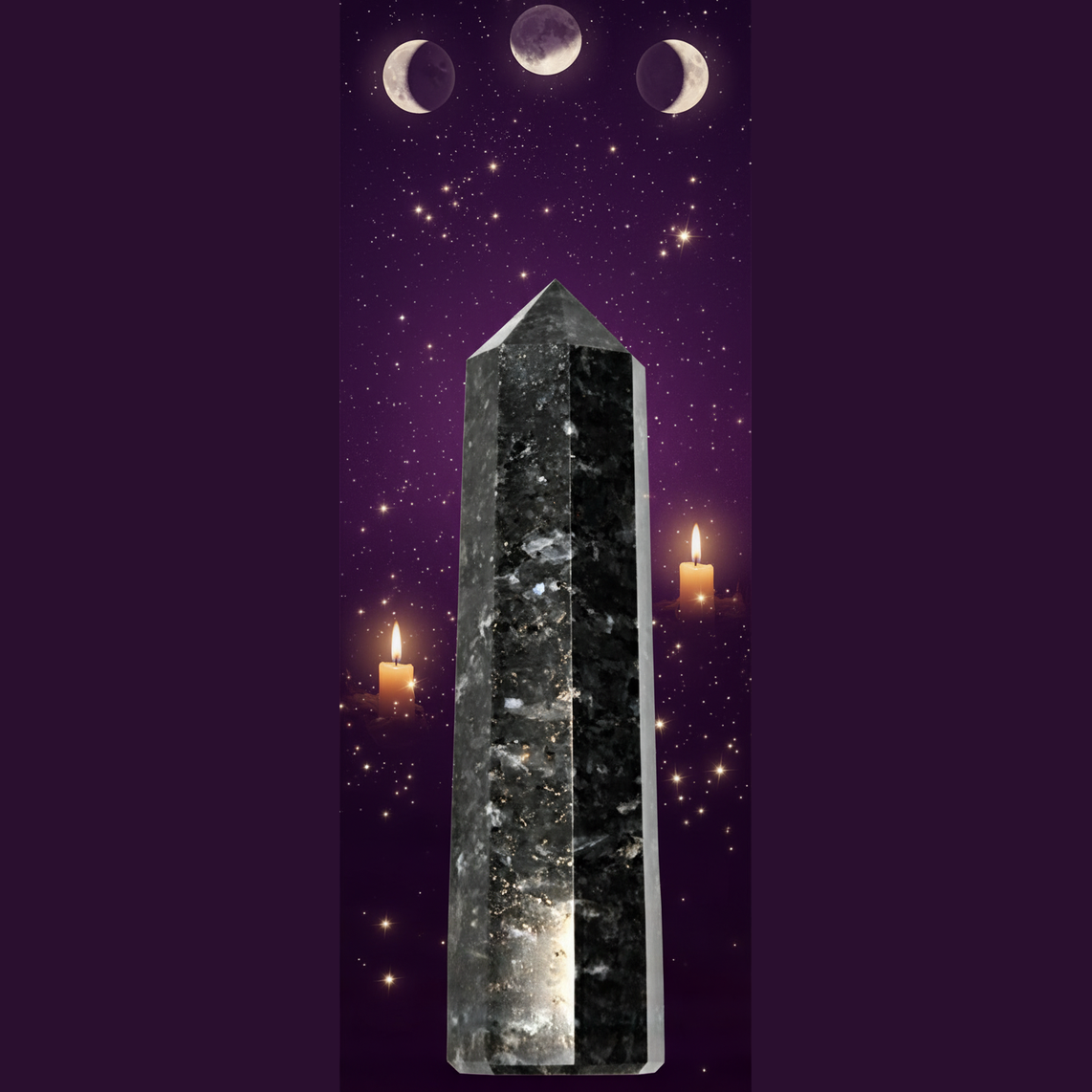 Exact black tourmaline crystal tower with cosmic mystical styling and BeWitchy Emporium watermark