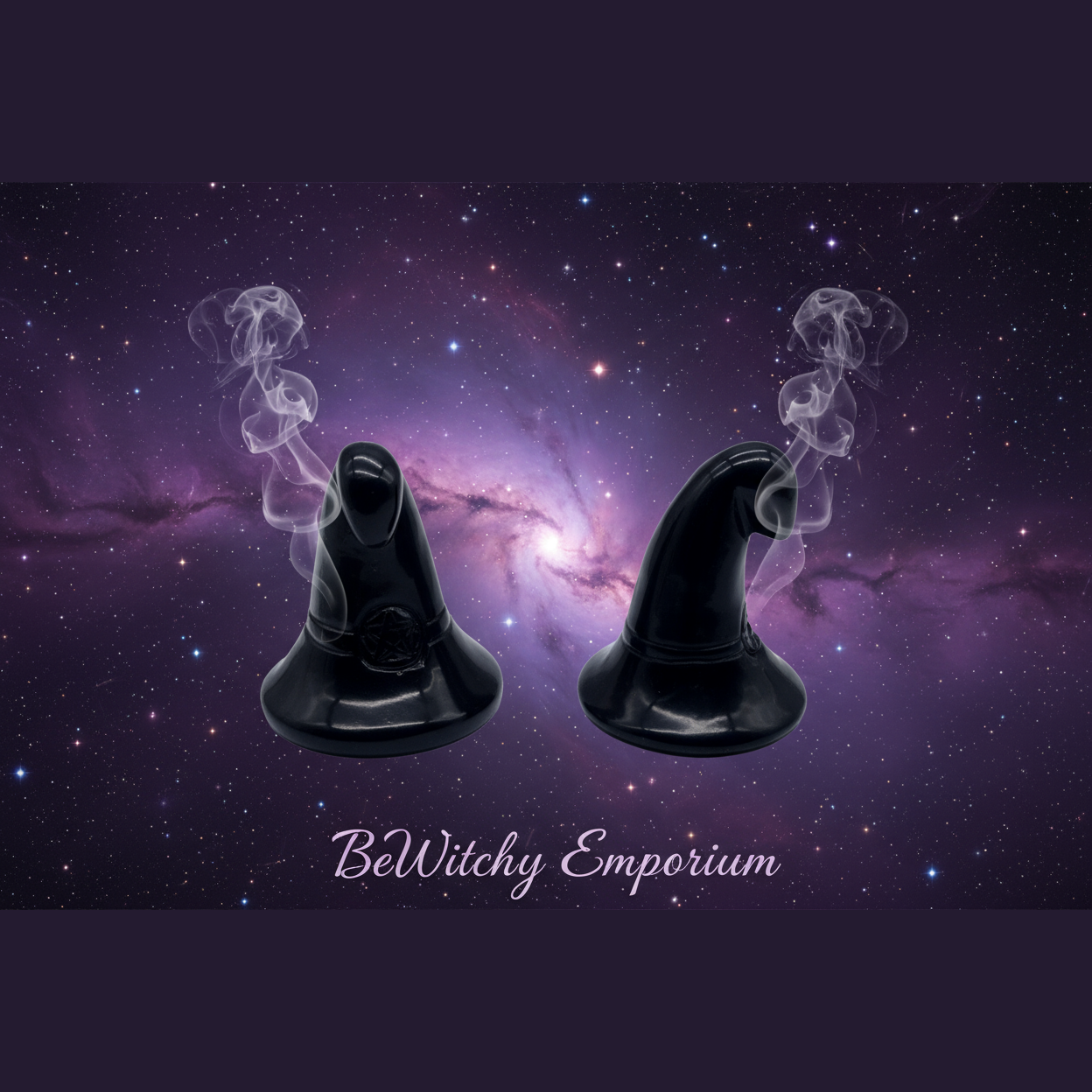 Exact black witch hat incense holders with cosmic mystical styling and BeWitchy Emporium watermark