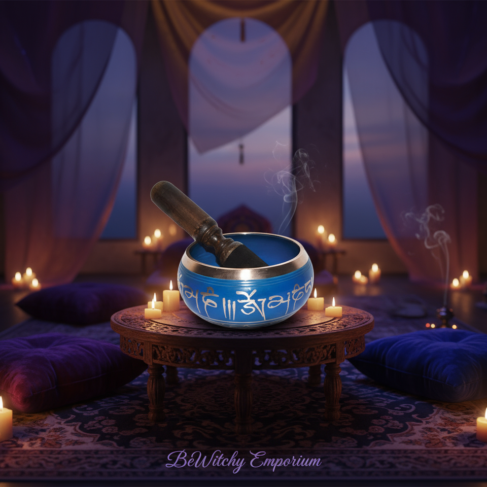Exact blue Tibetan singing bowl with premium meditation sanctuary ambiance and BeWitchy Emporium watermark