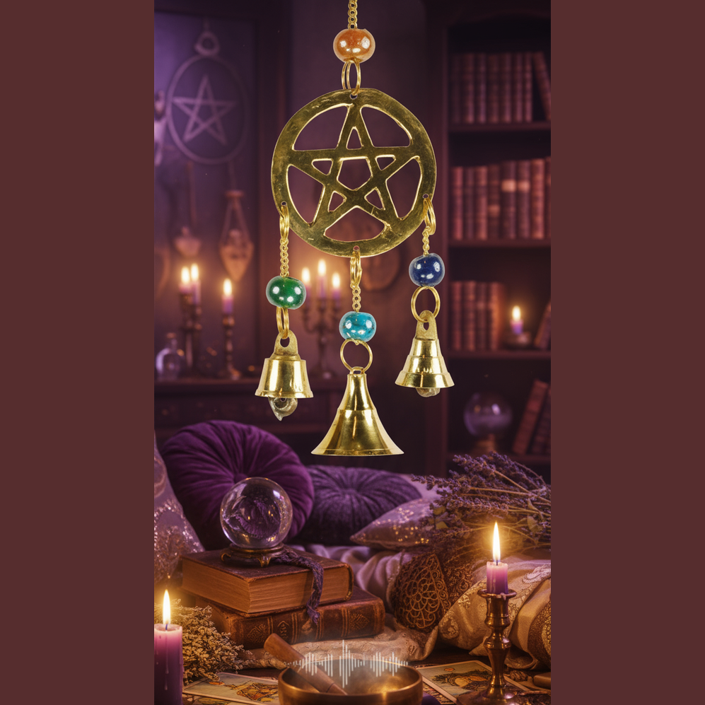 Exact brass pentagram wind chime with premium witchcraft sanctuary ambiance and BeWitchy Emporium watermark
