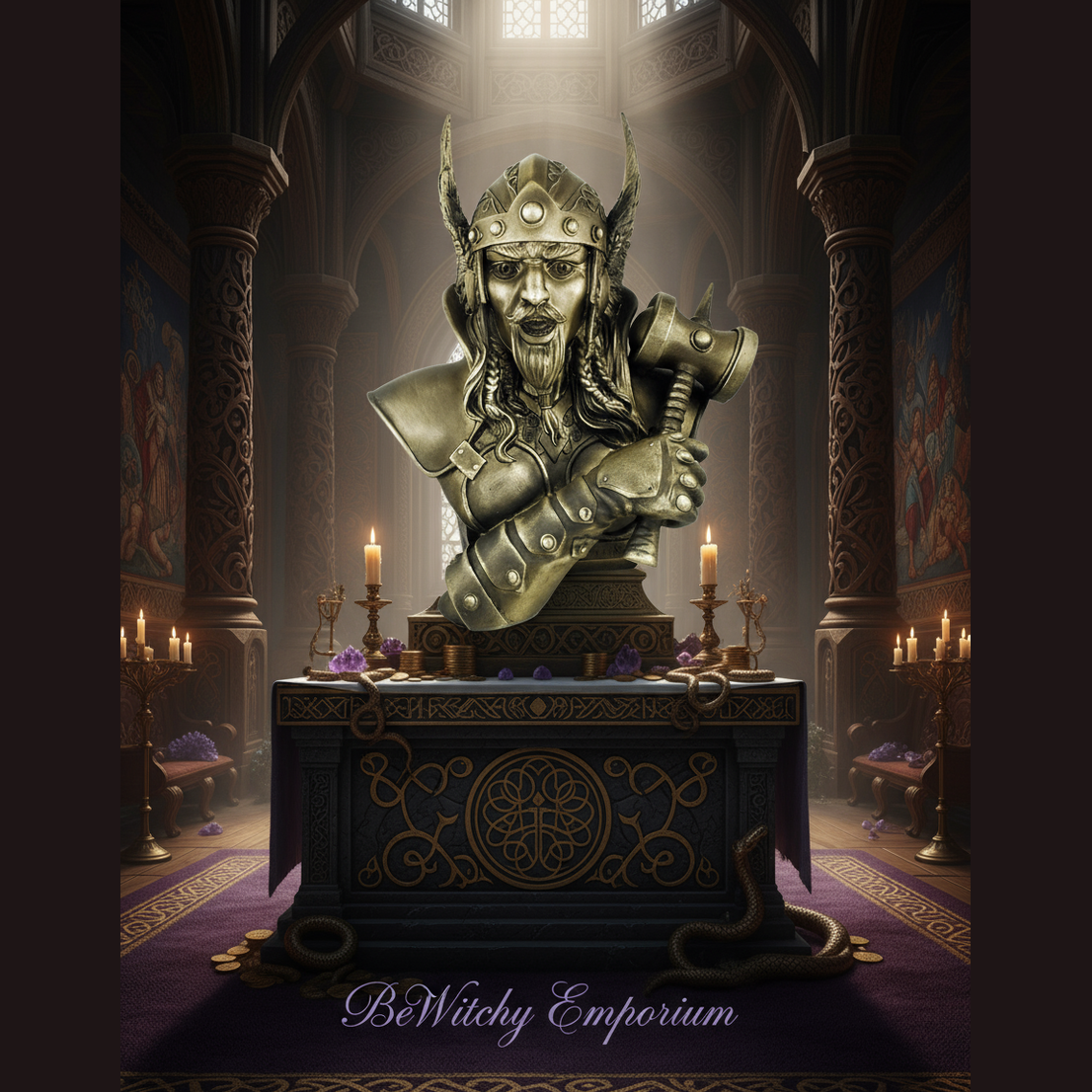 Exact bronze Viking warrior bust statue with premium Norse mythology sanctuary ambiance and BeWitchy Emporium watermark