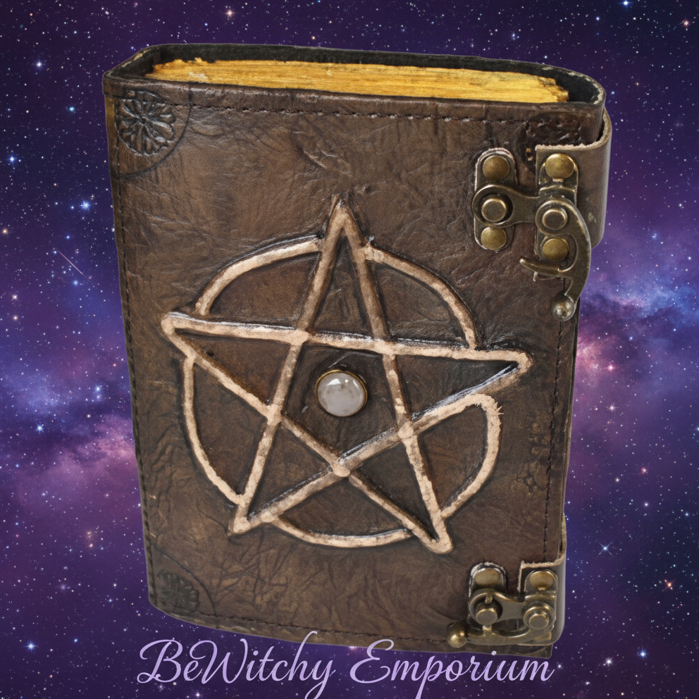 Exact brown leather pentagram journal with cosmic mystical styling and BeWitchy Emporium watermark