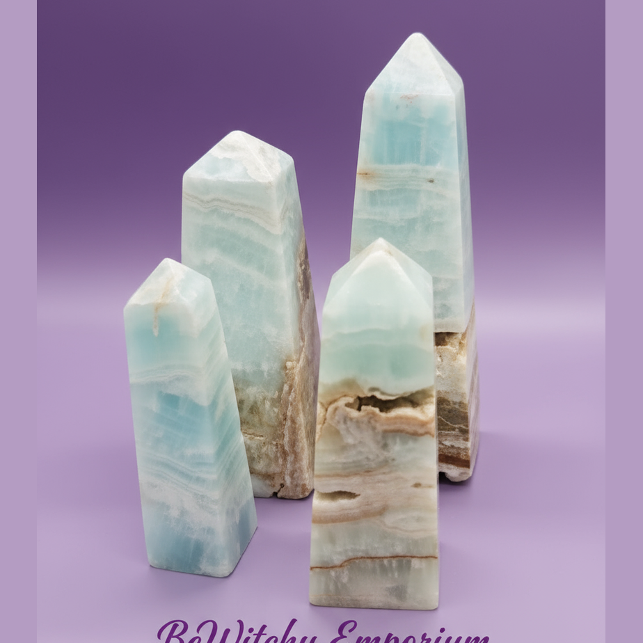 Exact Caribbean calcite tower set with clean professional styling and BeWitchy Emporium watermark