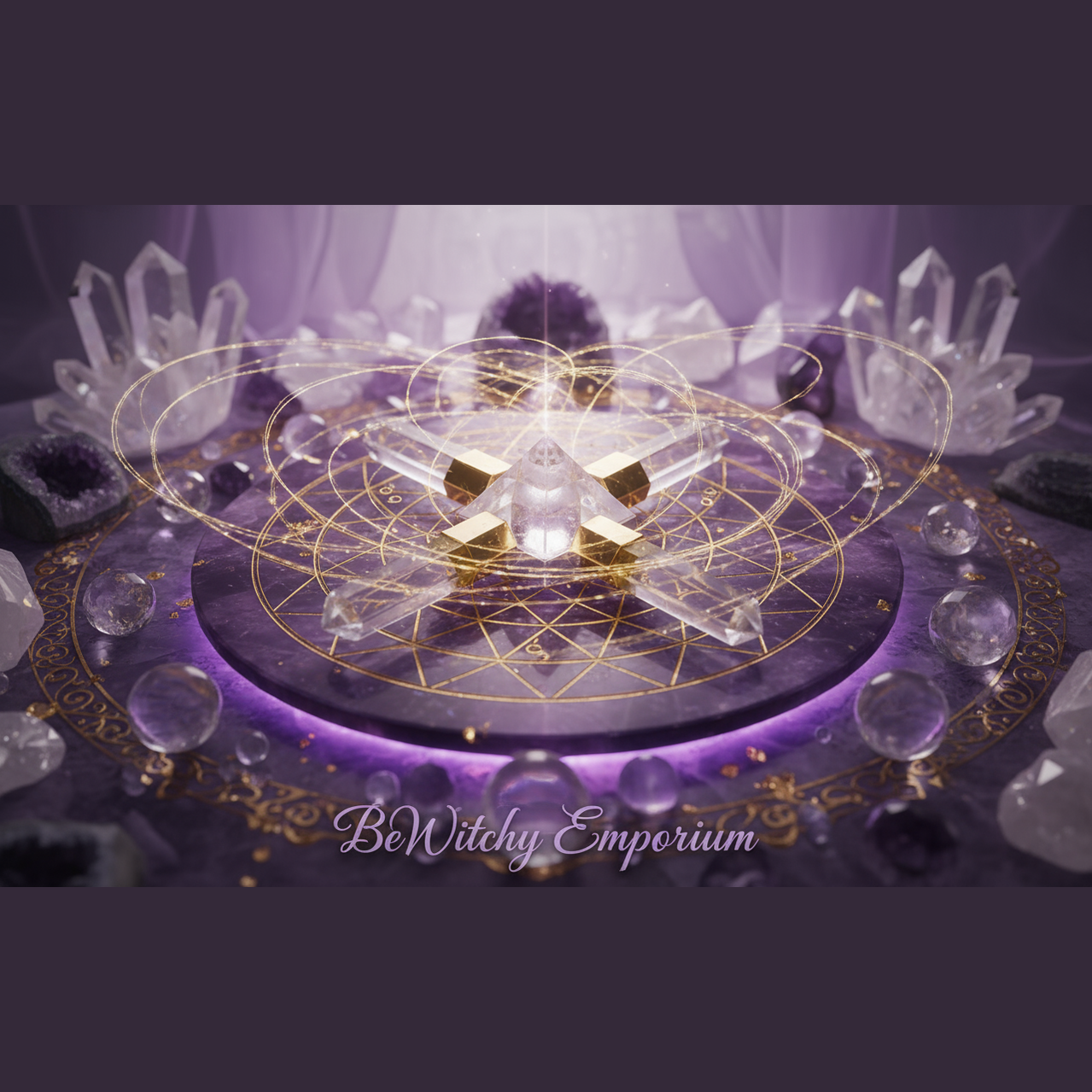 Exact clear quartz energy generator with premium healing sanctuary ambiance and BeWitchy Emporium watermark