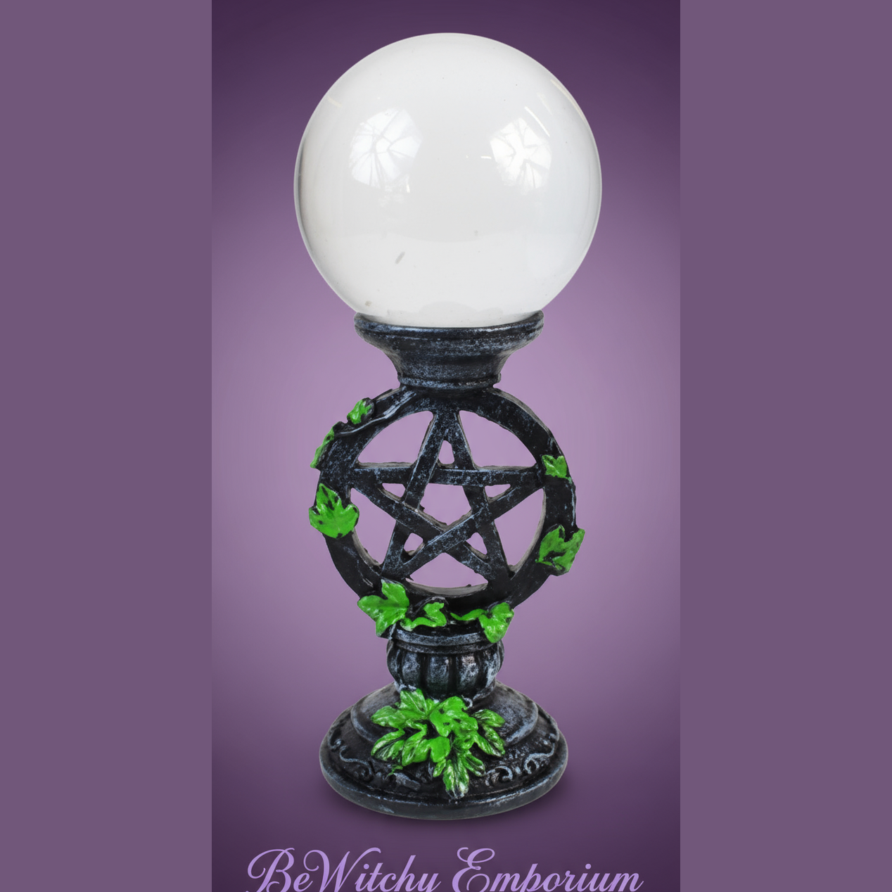 Exact crystal ball with pentagram stand with clean professional styling and BeWitchy Emporium watermark