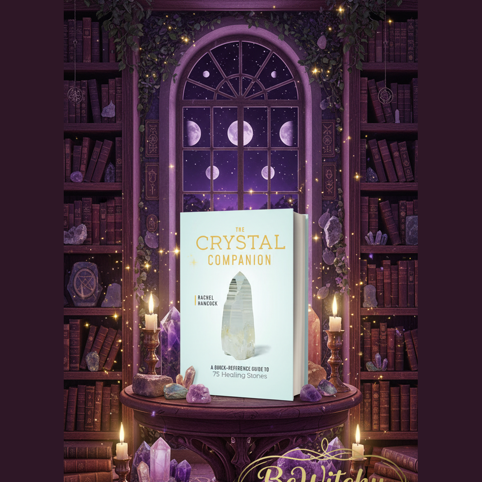 Exact Crystal Companion book with professional mystical library atmosphere