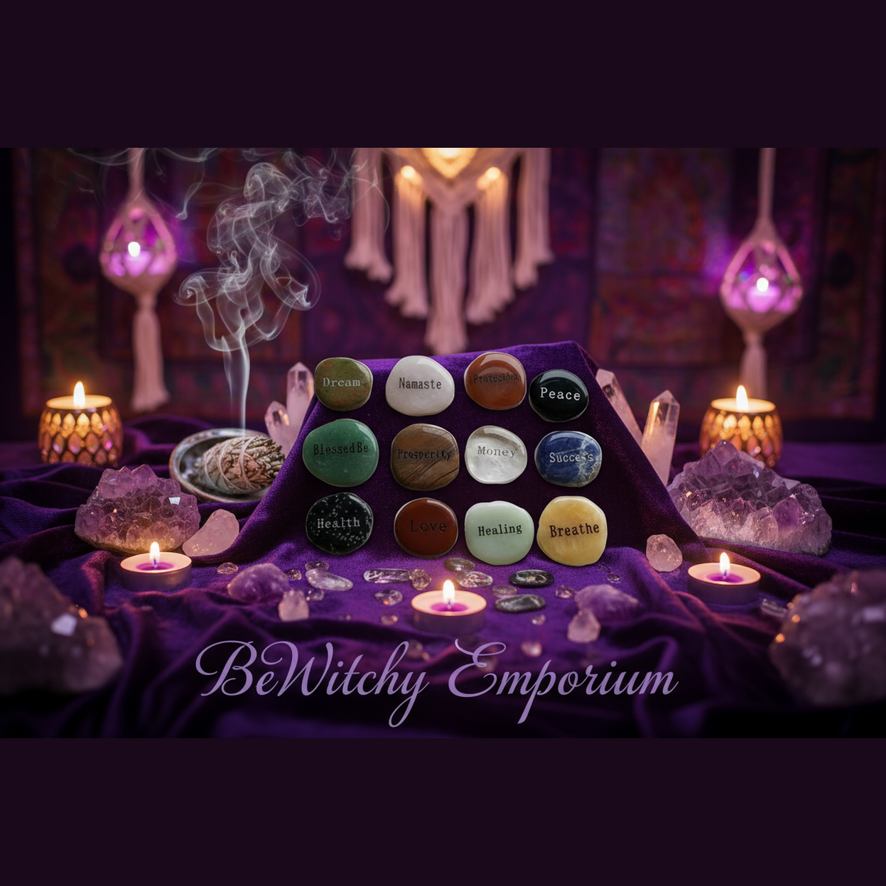 Exact engraved word stones set with premium healing sanctuary ambiance and BeWitchy Emporium watermark