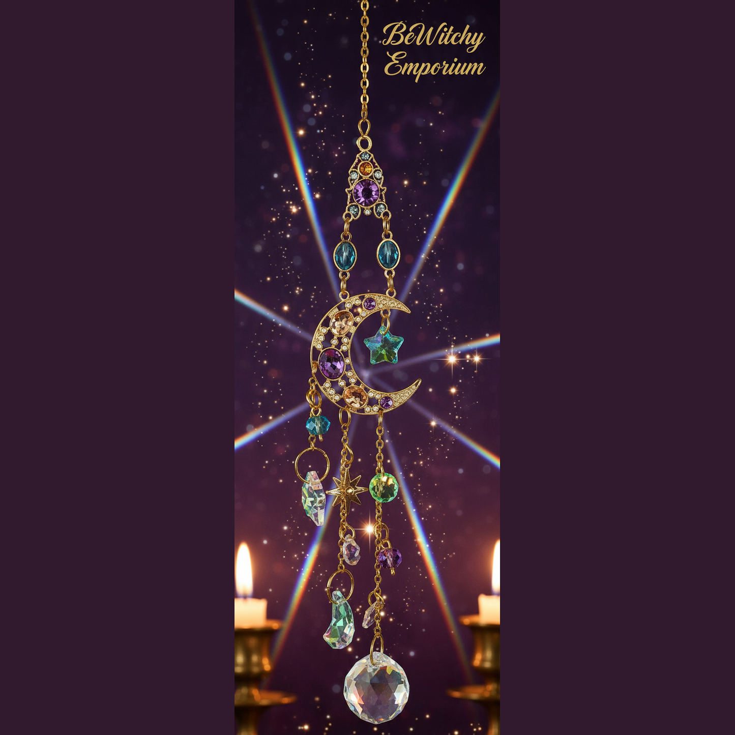 Exact gold crescent moon suncatcher with cosmic mystical styling and BeWitchy Emporium watermark