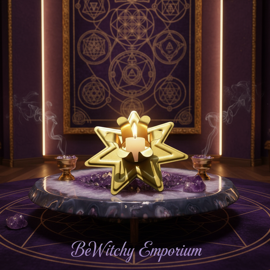 Exact gold merkaba star candle holder with premium sacred geometry sanctuary ambiance and BeWitchy Emporium watermark