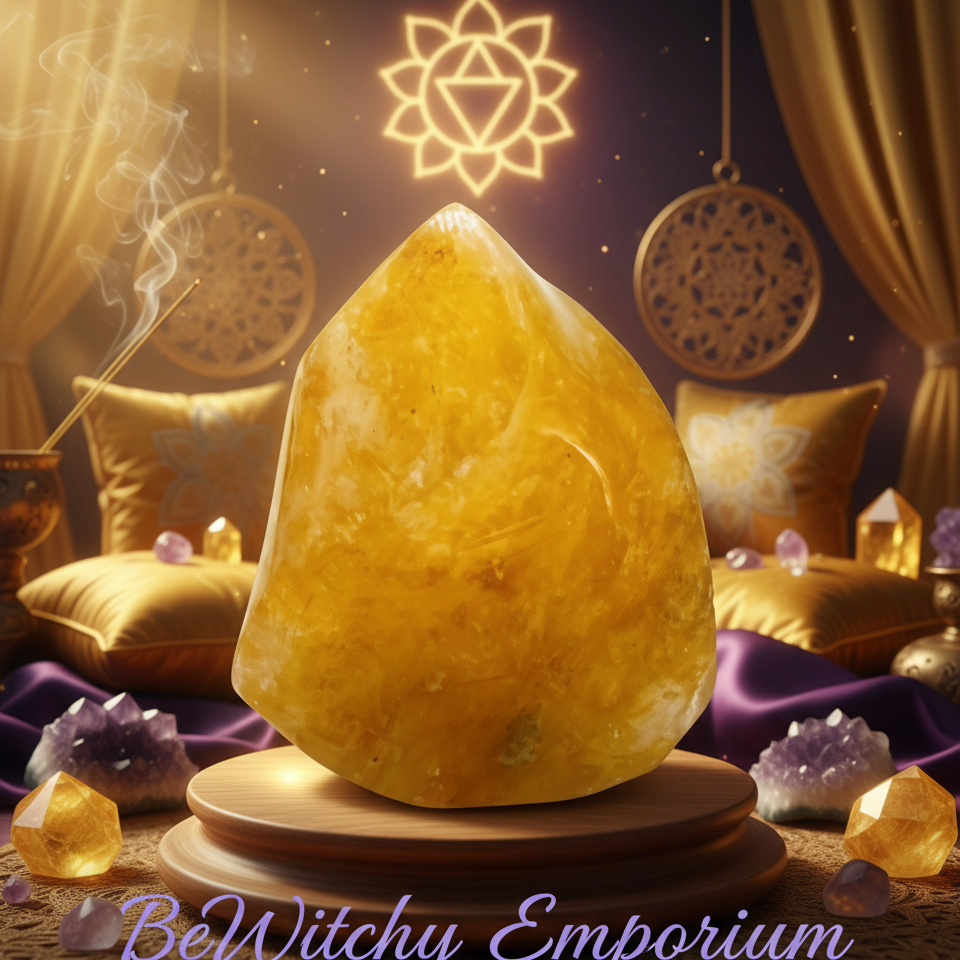 Exact golden yellow calcite tower with premium healing sanctuary ambiance and BeWitchy Emporium watermark