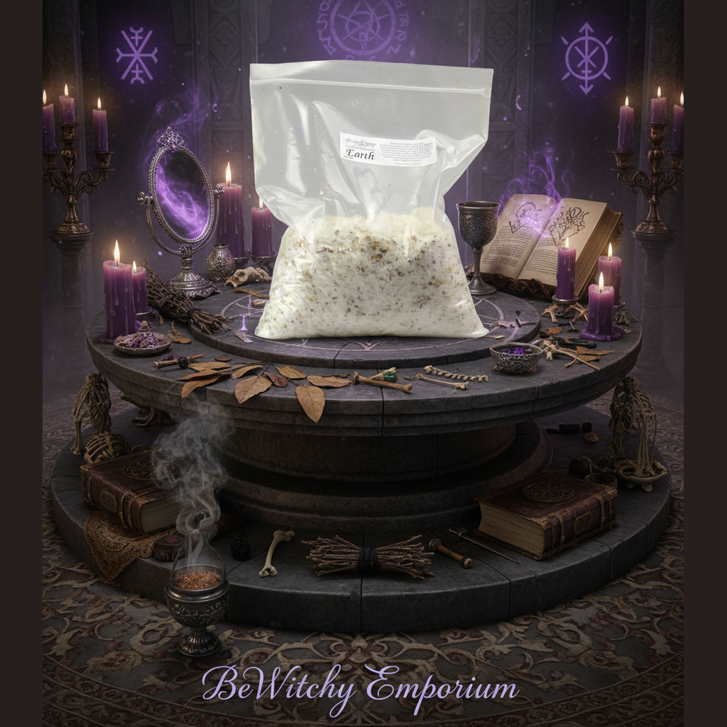 Exact graveyard dirt bag with premium ritual magic sanctuary ambiance and BeWitchy Emporium watermark