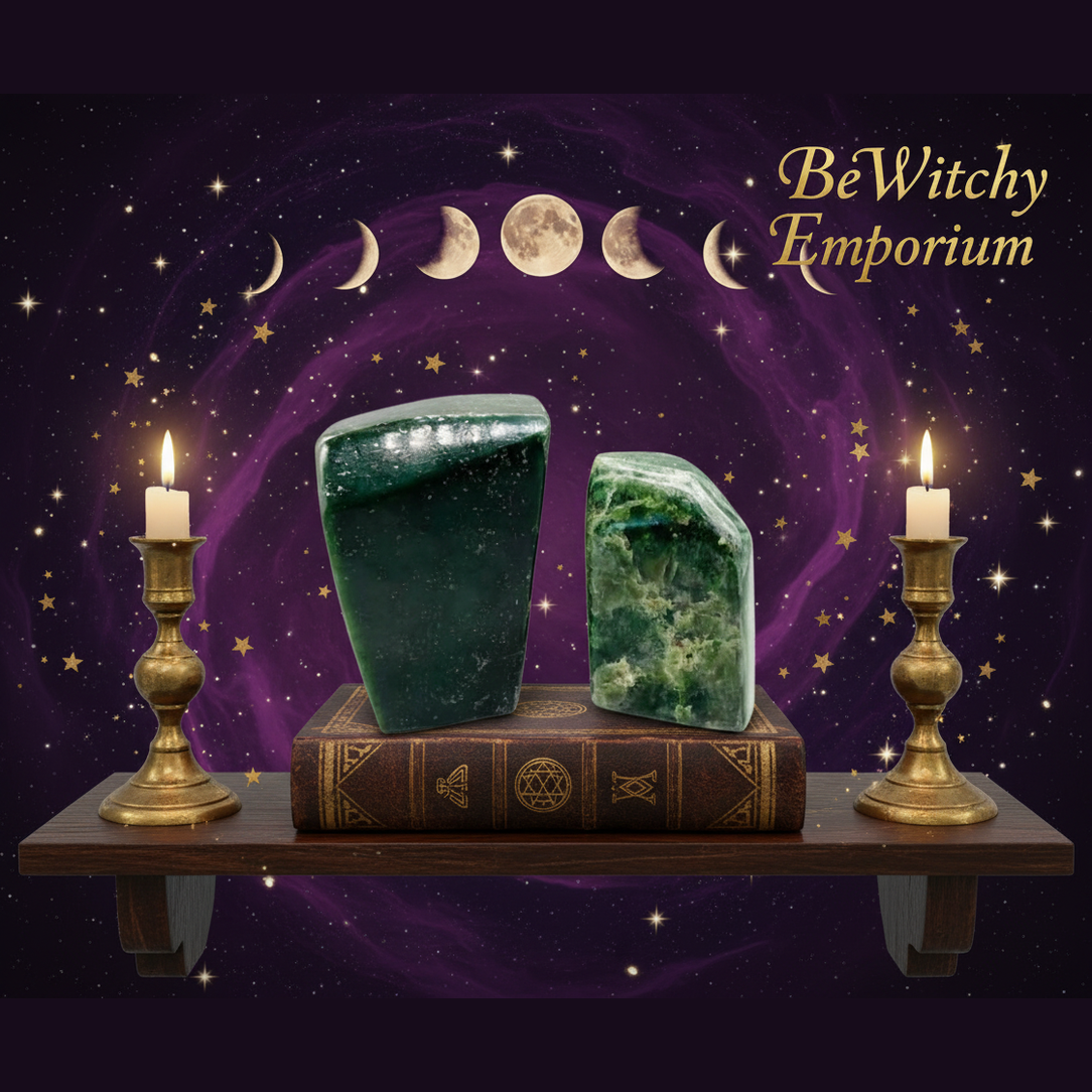 Exact green aventurine bookends with cosmic mystical styling and BeWitchy Emporium watermark