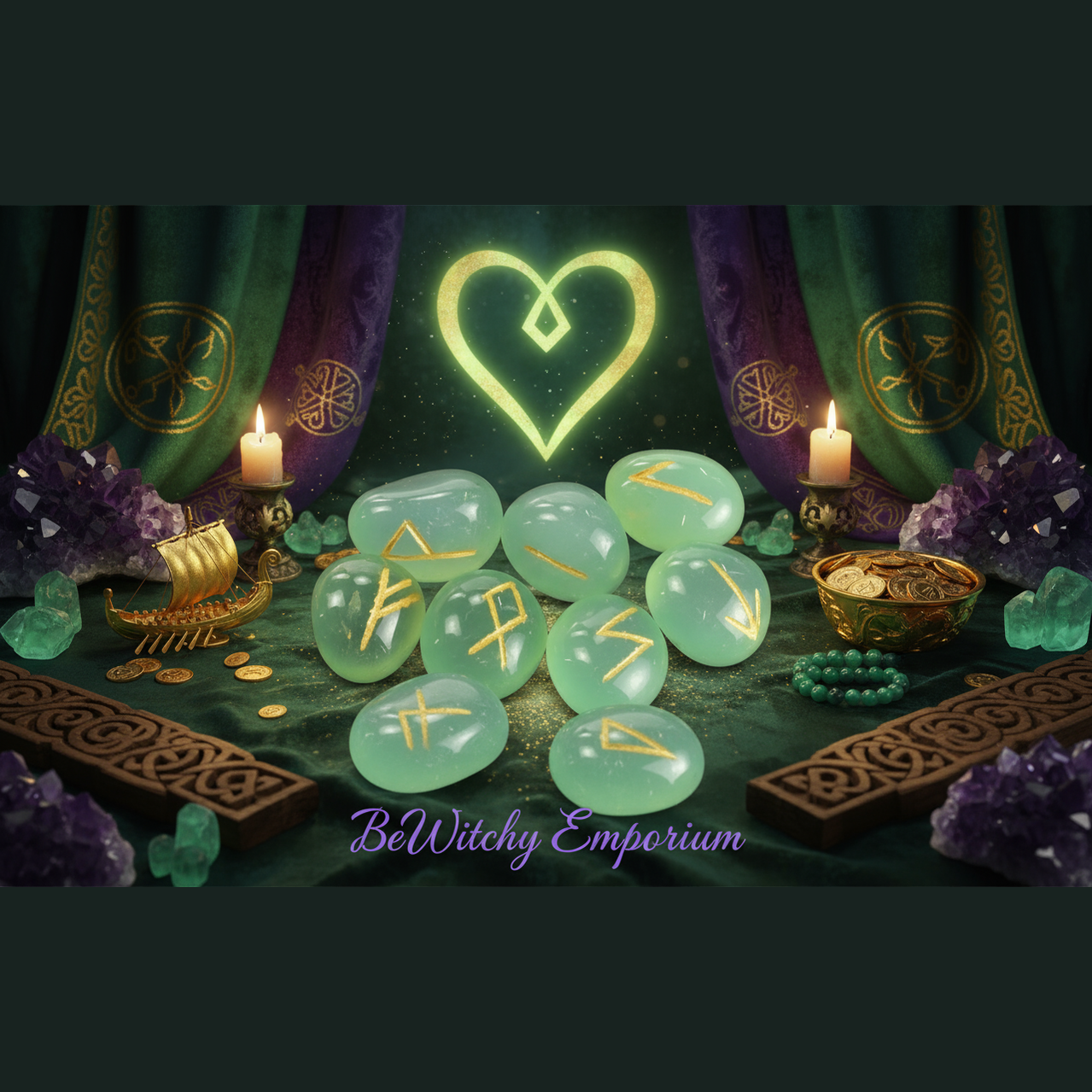 Exact green aventurine rune stone set with premium divination sanctuary ambiance and BeWitchy Emporium watermark