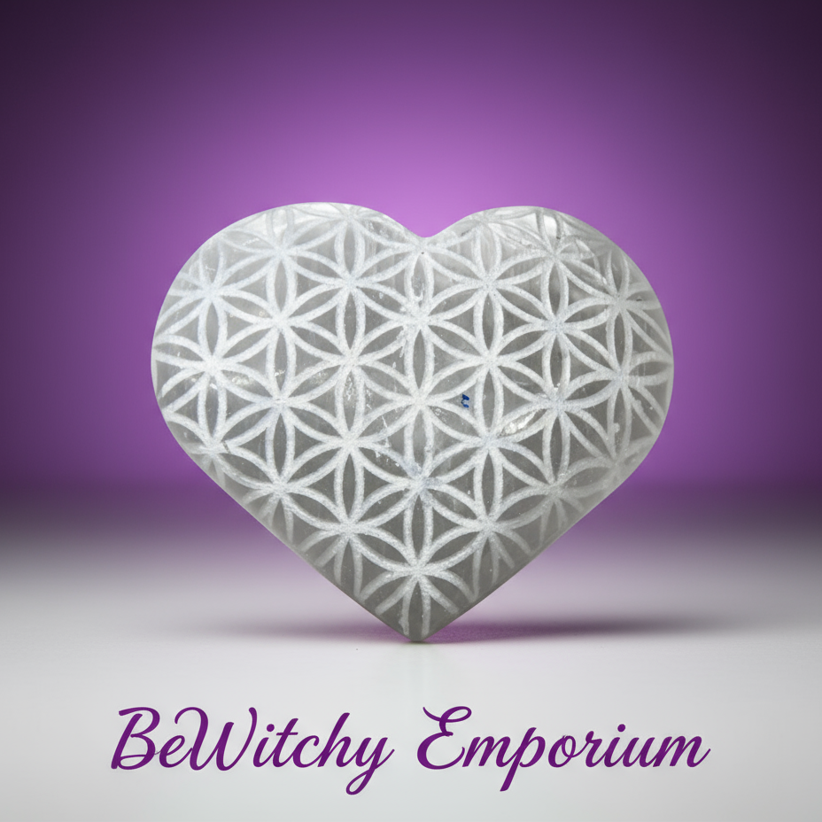 Exact heart selenite Flower of Life plate with clean professional styling and BeWitchy Emporium watermark