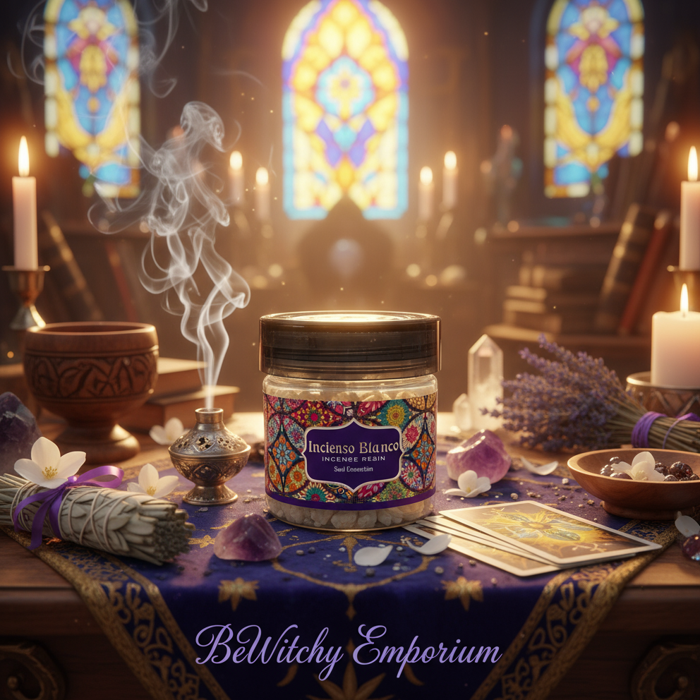 Exact Incienso Blanco incense resin jar with premium witchcraft altar sanctuary ambiance and BeWitchy Emporium watermark