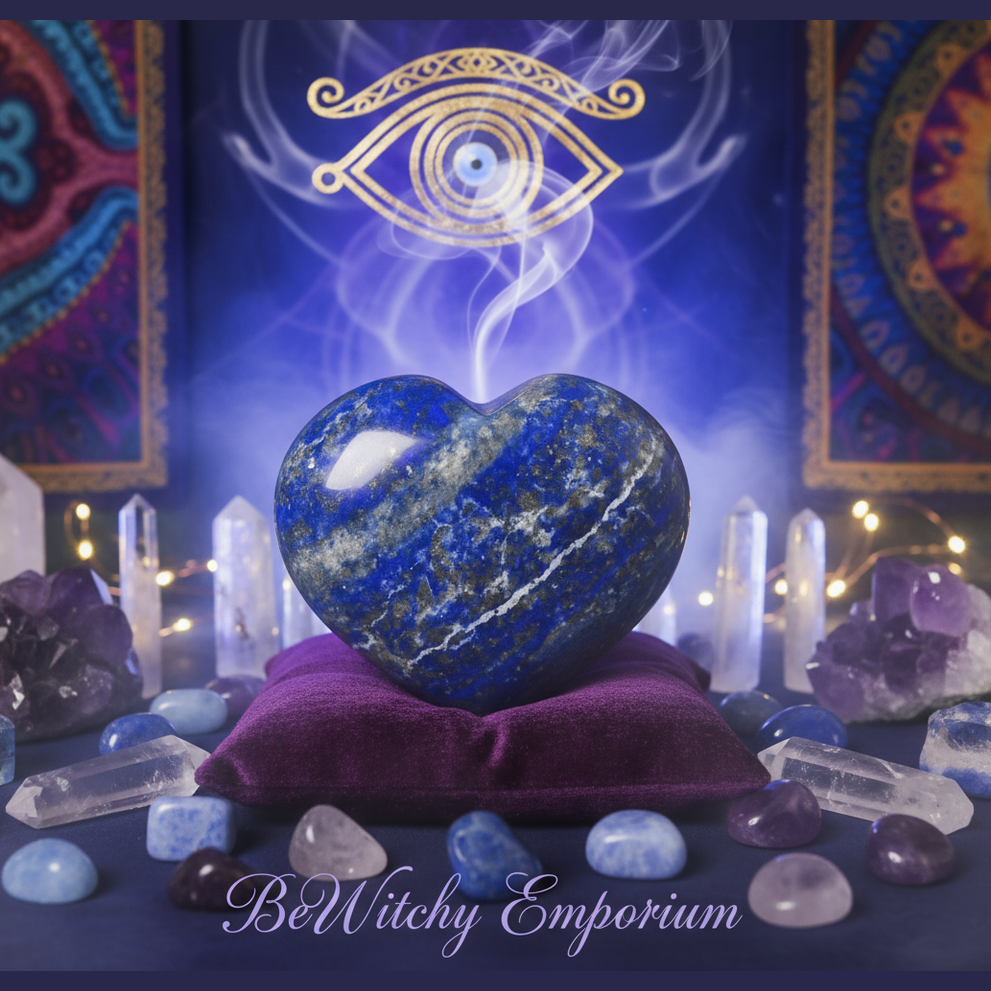 Exact lapis lazuli heart palm stone with premium healing sanctuary ambiance and BeWitchy Emporium watermark