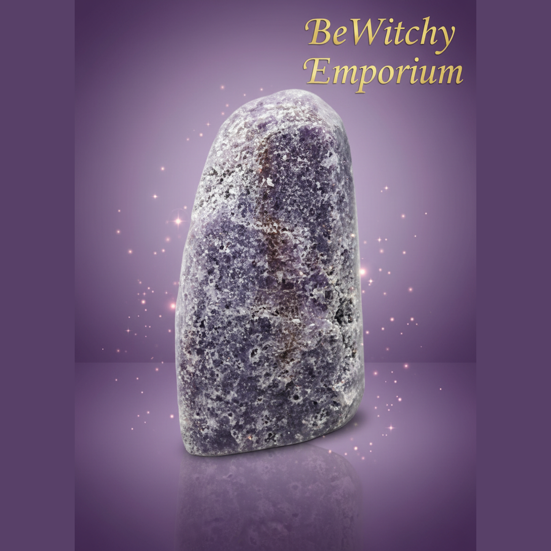 Exact lepidolite crystal tower with clean professional styling and BeWitchy Emporium watermark
