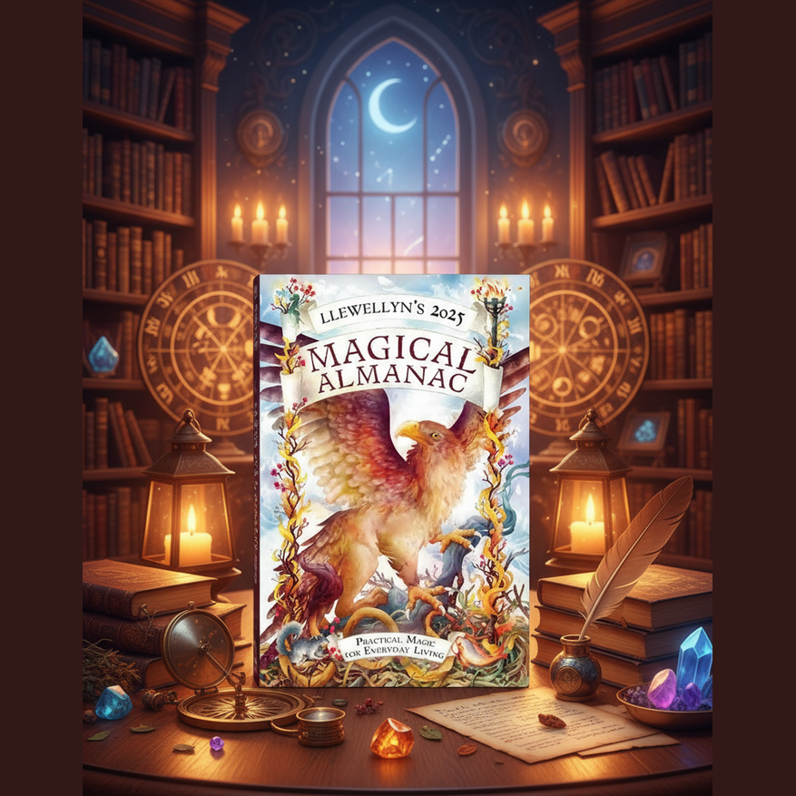 Exact Llewellyn's 2025 Magical Almanac with premium witchcraft library sanctuary ambiance and BeWitchy Emporium watermark