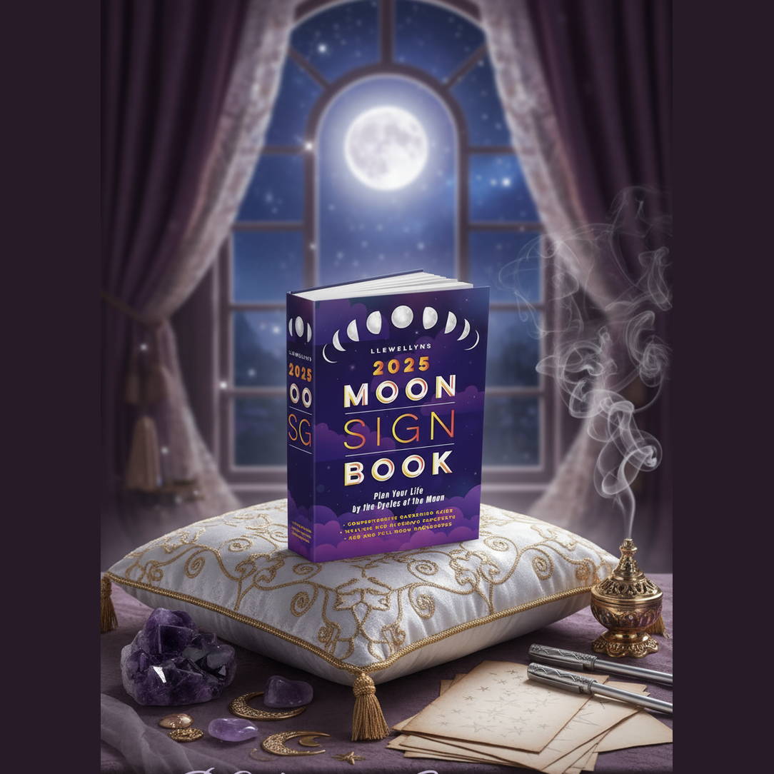 Exact Llewellyn's 2025 Moon Sign Book with premium lunar planning sanctuary ambiance and BeWitchy Emporium watermark