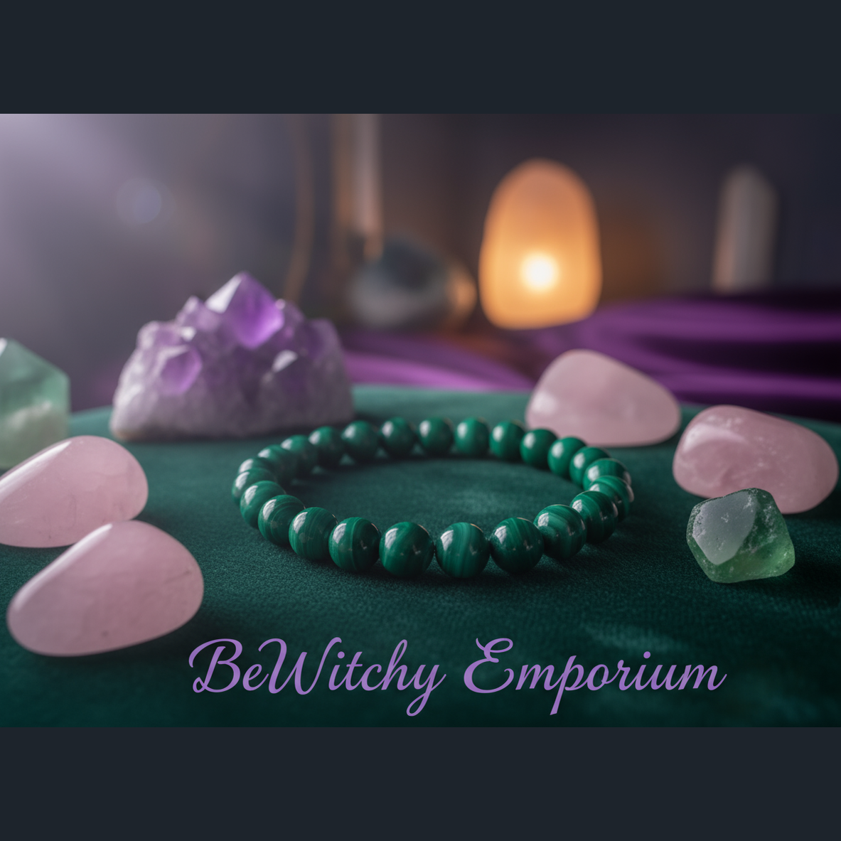 Exact malachite bead bracelet with premium healing sanctuary ambiance and BeWitchy Emporium watermark