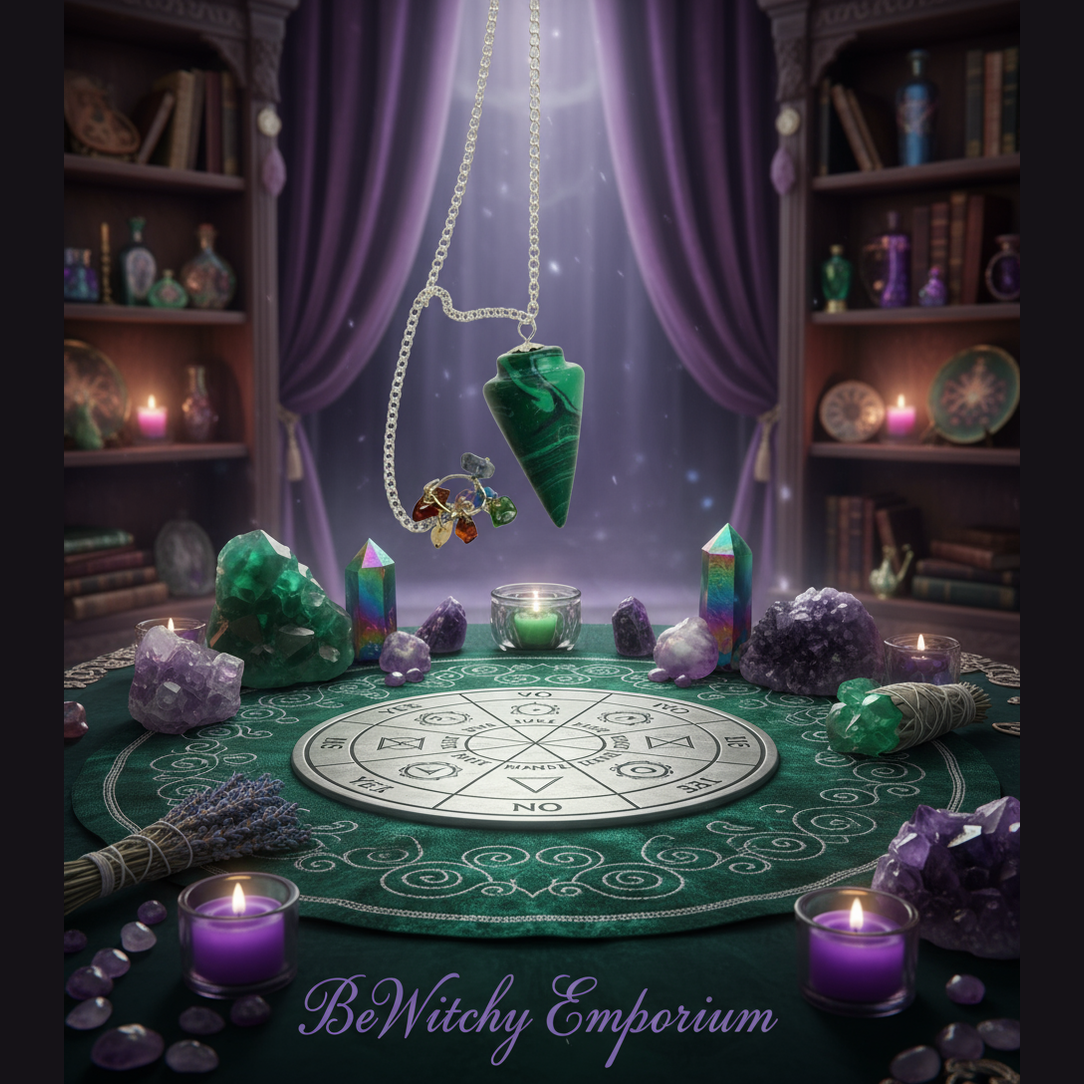 Exact malachite chakra pendulum with premium divination sanctuary ambiance and BeWitchy Emporium watermark