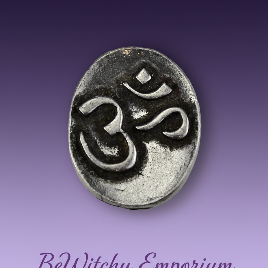 Exact Om/Aum pocket stone with clean professional styling and BeWitchy Emporium watermark