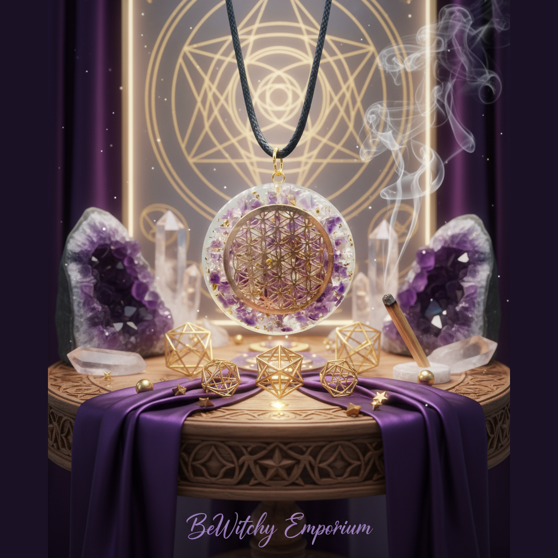 Exact orgone Flower of Life pendant with premium sacred geometry sanctuary ambiance and BeWitchy Emporium watermark