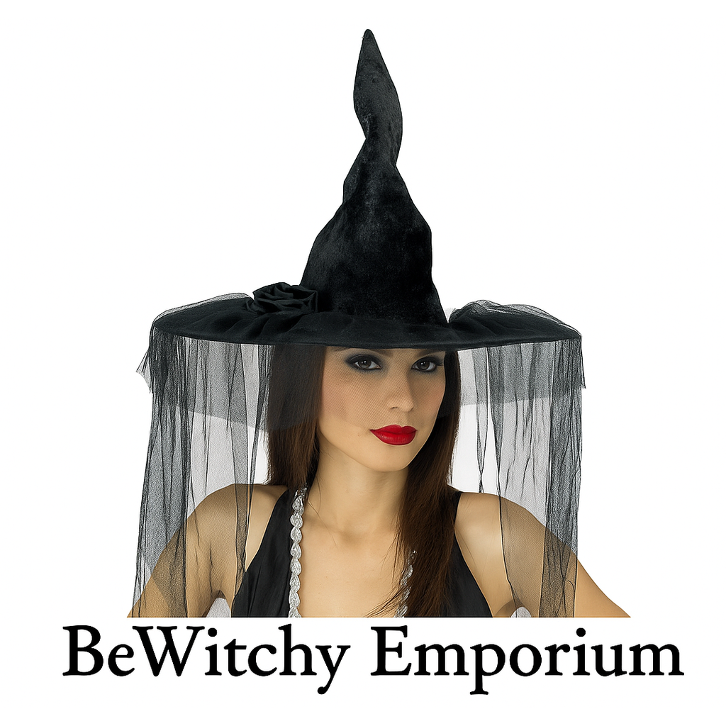 Exact original black witch hat with veil and branding