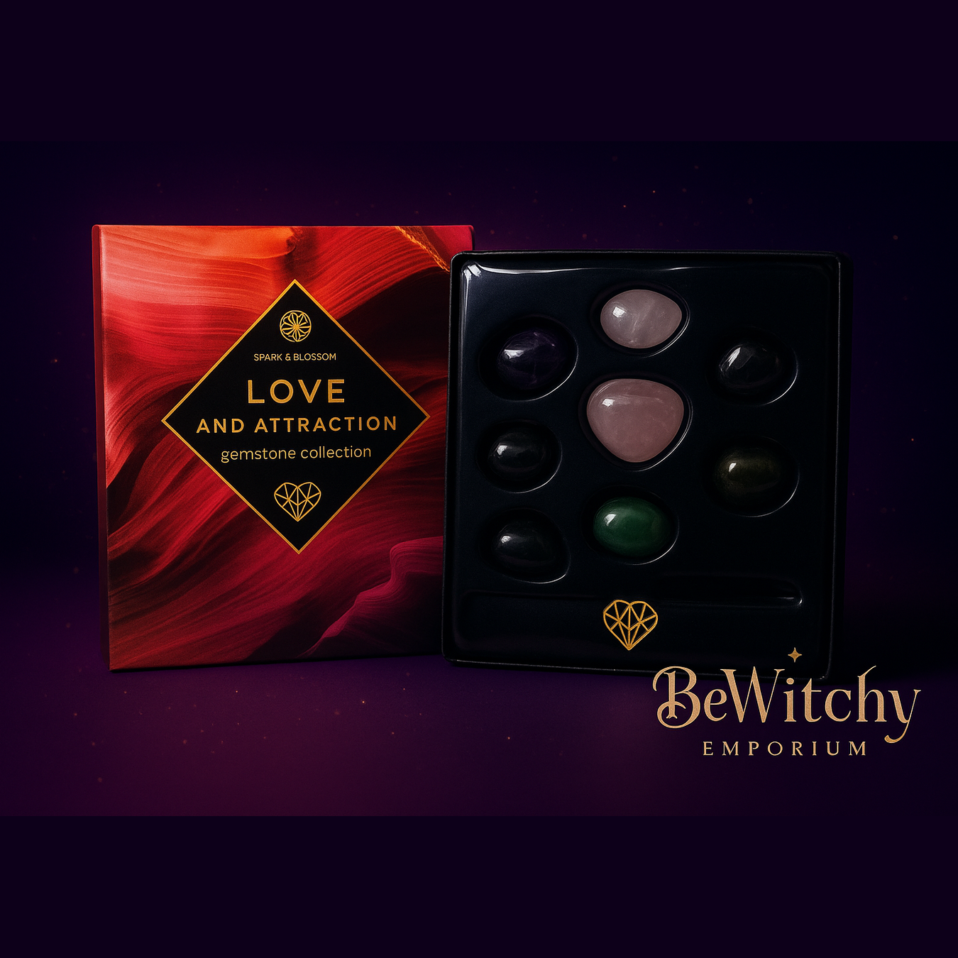 Exact original Love and Attraction crystal set with signature BeWitchy Emporium purple gradient and premium lighting