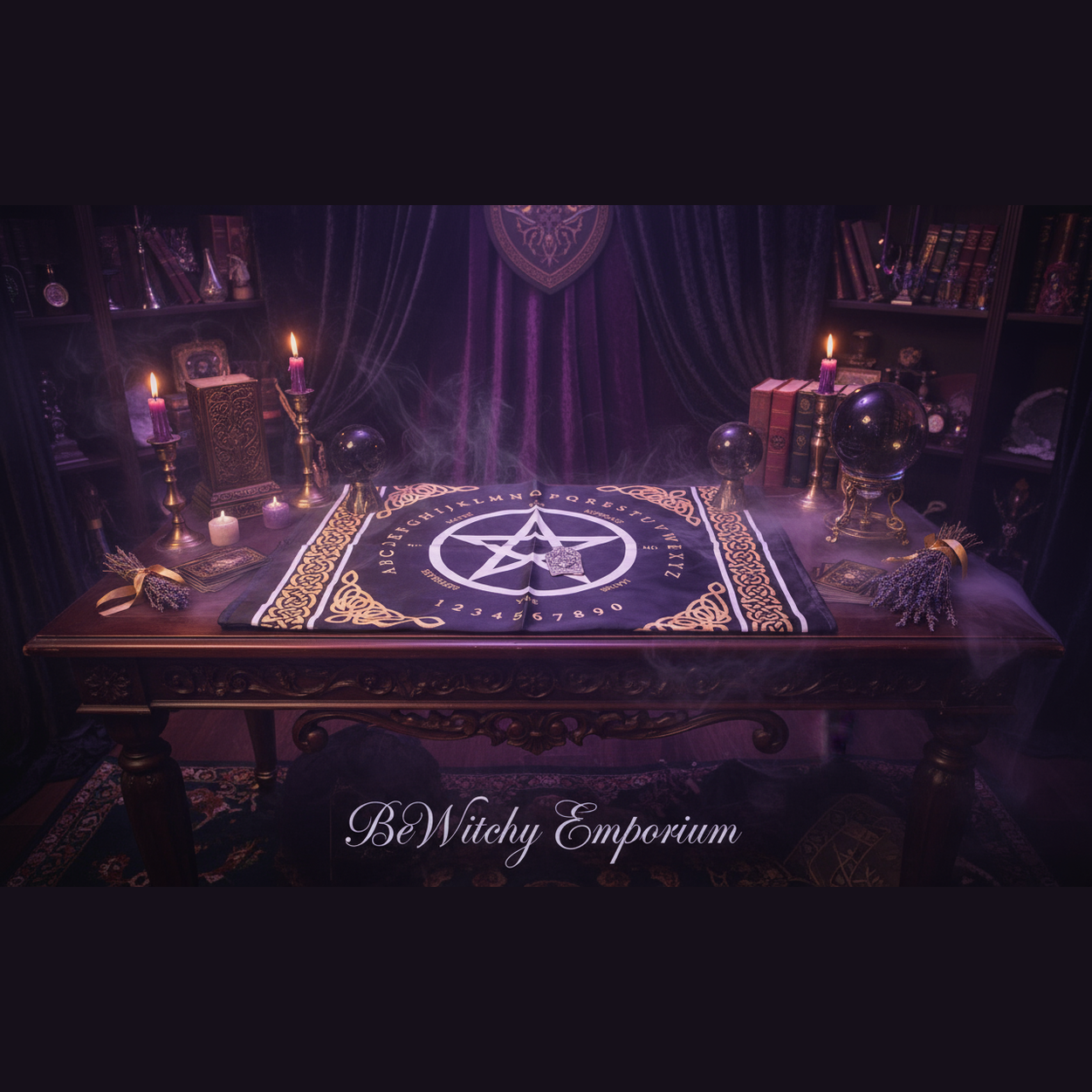 Exact Ouija board spirit board altar cloth with premium spirit communication sanctuary ambiance and BeWitchy Emporium watermark
