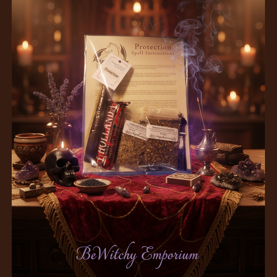 Exact Protection Spell Kit with premium witchcraft altar sanctuary ambiance and BeWitchy Emporium watermark
