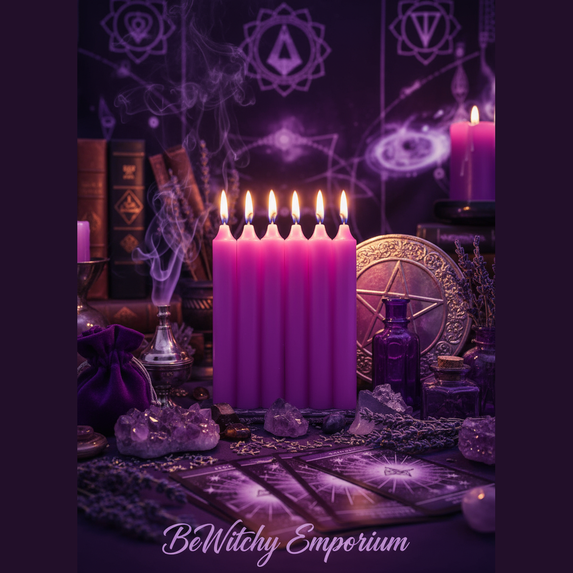 Exact purple mini spell candles with premium witchcraft altar sanctuary ambiance and BeWitchy Emporium watermark