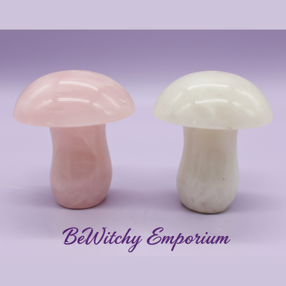 Exact rose quartz mushroom pair with clean professional styling and BeWitchy Emporium watermark