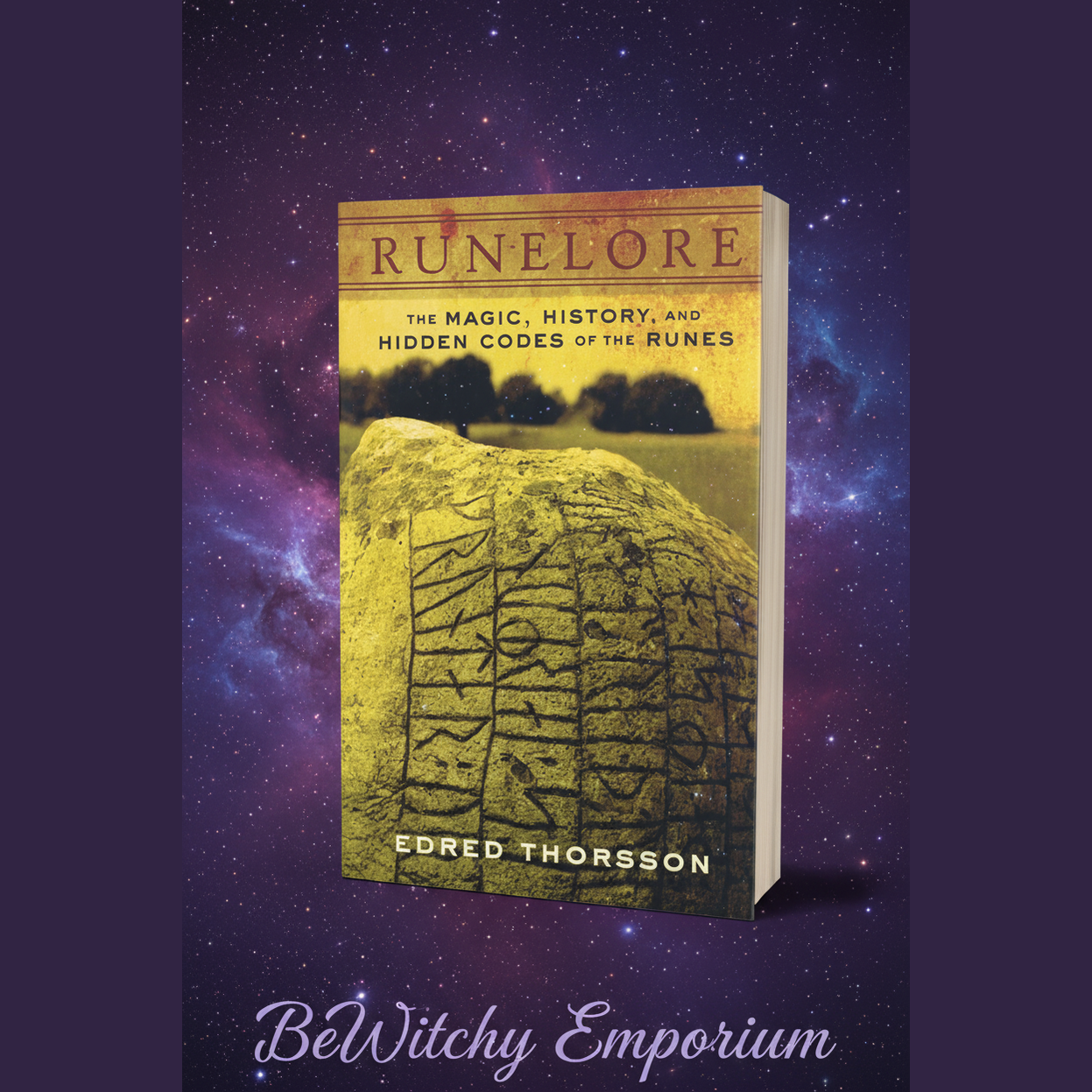 Exact Runelore book with cosmic mystical styling and BeWitchy Emporium watermark