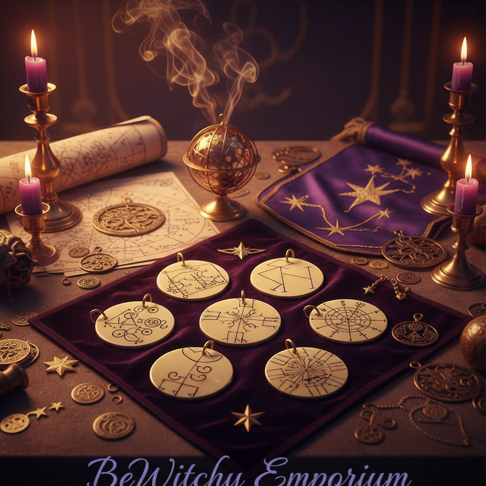 Exact seven brass planetary sigil pendants with premium ceremonial magic sanctuary ambiance and BeWitchy Emporium watermark